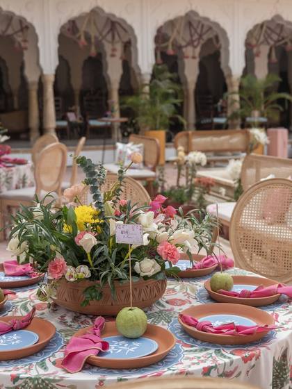 Tablescape and Floral detail — Welcome Lunch decor — Alila + Samode Jaipur